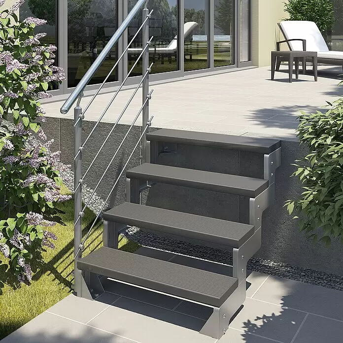 Dolle Außentreppe Gardentop - Trimaxstufen, Anthrazit, Mitlaufende Edelstahlstäbe, Breite: 80 cm, Anzahl Stufen: 4 Stk., Geschosshöhe: 72 cm - 88 cm - Stimmungsaufnahme