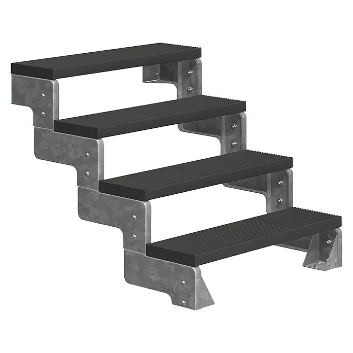 Dolle Außentreppe Gardentop - Trimaxstufen, Anthrazit, Ohne Geländer, Breite: 80 cm, Anzahl Stufen: 4 Stk., Geschosshöhe: 72 cm - 88 cm - Nahaufnahme einer Treppe mit vier Stufen und grauen Metallstützen auf schwarzem Hintergrund. Sie bietet Stabilität und Funktionalität.