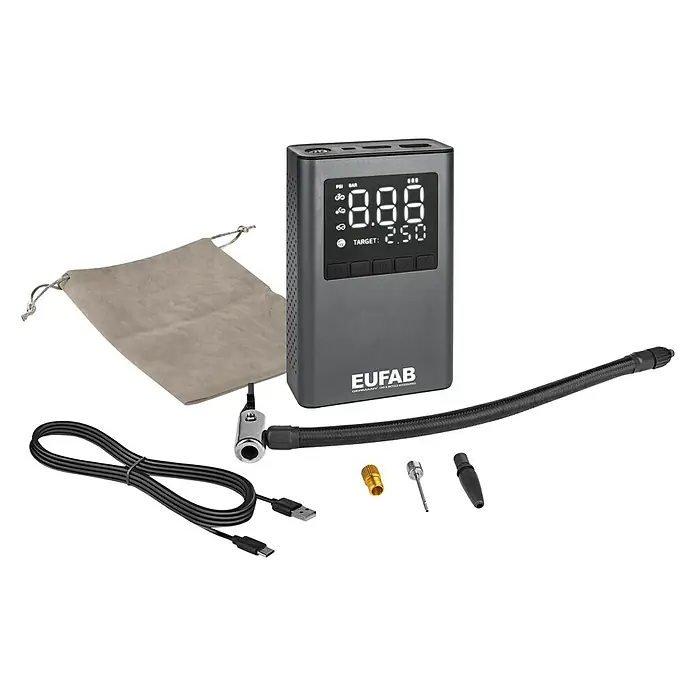 Eufab Kompressor - 12 V - Das EUFAB Mini-Luftdruckprüfgerät mit Zubehör für Fahrräder und andere Anwendungen. Kompaktes Design für unterwegs.