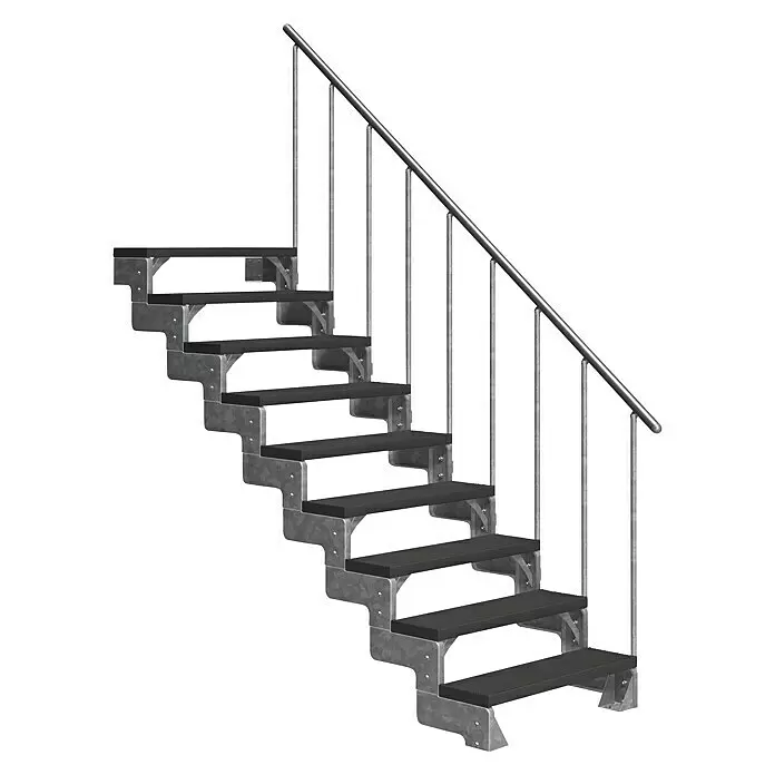 Dolle Außentreppe Gardentop - Trimaxstufen, Anthrazit, Feuerverzinkte Geländerstäbe, Breite: 100 cm, Anzahl Stufen: 9 Stk., Geschosshöhe: 162 cm - 198 cm - Verzinkte Metalltreppe mit dunklen, rutschfesten Stufen und silbernem Geländer, für den Außenbereich geeignet.