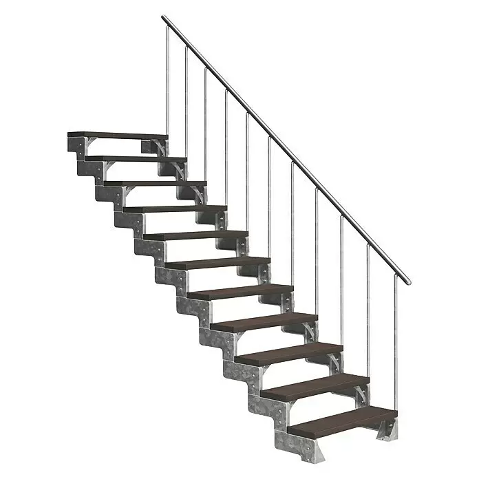 Dolle Außentreppe Gardentop - Trimaxstufen, Dunkelbraun, Feuerverzinkte Geländerstäbe, Breite: 100 cm, Anzahl Stufen: 11 Stk., Geschosshöhe: 198 cm - 242 cm - Modulare Treppe mit dunklen Holzstufen und Metallgeländer.