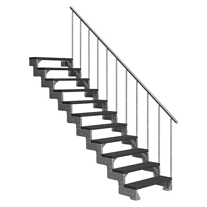 Dolle Außentreppe Gardentop - Trimaxstufen, Anthrazit, Feuerverzinkte Geländerstäbe, Breite: 100 cm, Anzahl Stufen: 11 Stk., Geschosshöhe: 198 cm - 242 cm - Modulare Metalltreppe mit schwarzen Stufen und silbernem Geländer.