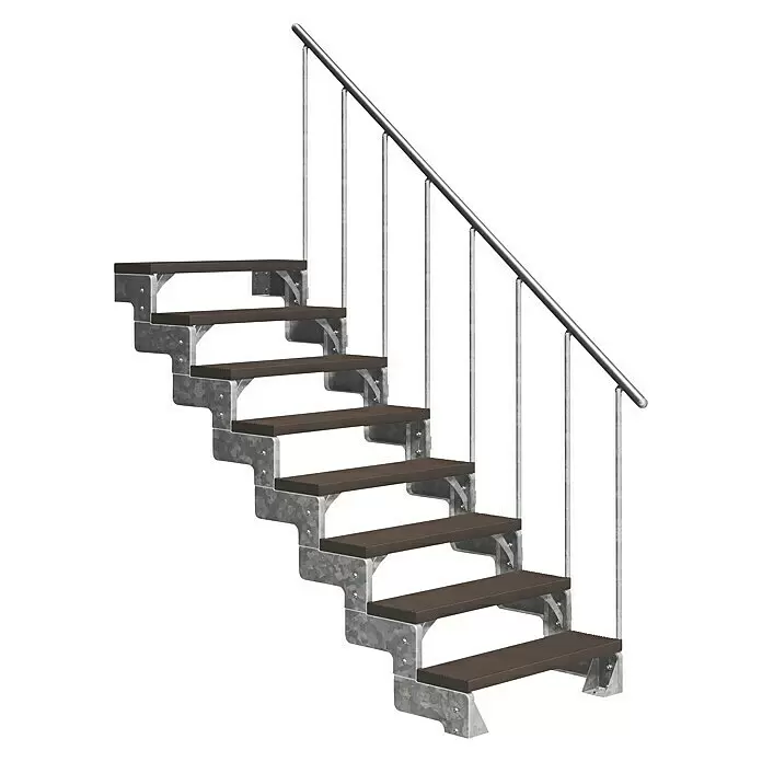 Dolle Außentreppe Gardentop - Trimaxstufen, Dunkelbraun, Feuerverzinkte Geländerstäbe, Breite: 100 cm, Anzahl Stufen: 8 Stk., Geschosshöhe: 144 cm - 176 cm - Treppe im Metall- und Holzoptik-Stil mit dunkelbraunen Stufen und silbernem Geländer.