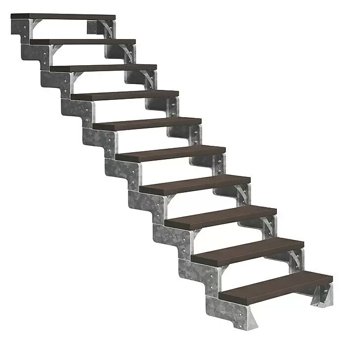 Dolle Außentreppe Gardentop - Trimaxstufen, Dunkelbraun, Ohne Geländer, Breite: 100 cm, Anzahl Stufen: 10 Stk., Geschosshöhe: 180 cm - 220 cm - Modulare Außentreppe mit dunkelbraunen Verbundstufen und verzinkten Stahlwangen.
