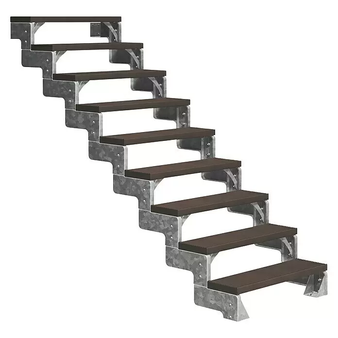 Dolle Außentreppe Gardentop - Trimaxstufen, Dunkelbraun, Ohne Geländer, Breite: 80 cm, Anzahl Stufen: 9 Stk., Geschosshöhe: 162 cm - 198 cm - Robuste Außentreppe mit verzinktem Stahlrahmen und braunen Stufen.