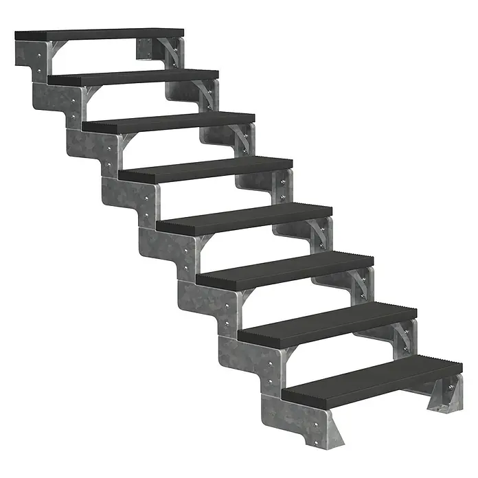 Dolle Außentreppe Gardentop - Trimaxstufen, Anthrazit, Ohne Geländer, Breite: 100 cm, Anzahl Stufen: 8 Stk., Geschosshöhe: 144 cm - 176 cm - Eine Treppe mit acht Stufen, die aus verzinktem Stahl und schwarzen Trittflächen besteht. Sie ist für den Außenbereich geeignet.