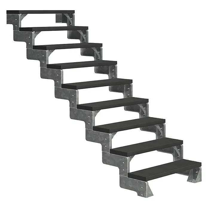 Dolle Außentreppe Gardentop - Trimaxstufen, Anthrazit, Ohne Geländer, Breite: 80 cm, Anzahl Stufen: 9 Stk., Geschosshöhe: 162 cm - 198 cm - Eine Treppe mit grauen Stufen und metallenen Trägern auf schwarzem Hintergrund. Die Metalltreppe bietet eine stabile Konstruktion und modernes Design.