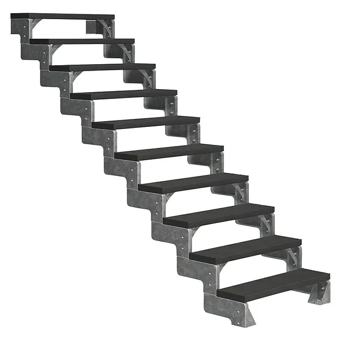 Dolle Außentreppe Gardentop - Trimaxstufen, Anthrazit, Ohne Geländer, Breite: 100 cm, Anzahl Stufen: 10 Stk., Geschosshöhe: 180 cm - 200 cm - Eine Treppe aus Metall und dunklem Material mit einem modernen Design. Ideal für den Außenbereich.