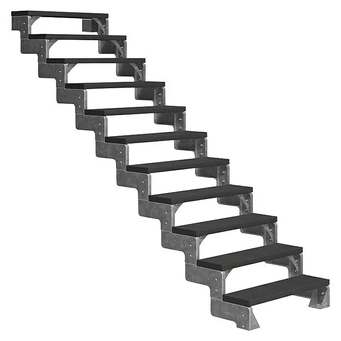 Dolle Außentreppe Gardentop - Trimaxstufen, Anthrazit, Ohne Geländer, Breite: 100 cm, Anzahl Stufen: 11 Stk., Geschosshöhe: 198 cm - 242 cm - Modulare Treppe mit verzinkter Metallstruktur und schwarzen, geriffelten Stufen.