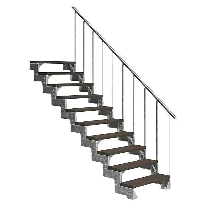 Dolle Außentreppe Gardentop - Trimaxstufen, Dunkelbraun, Feuerverzinkte Geländerstäbe, Breite: 100 cm, Anzahl Stufen: 10 Stk., Geschosshöhe: 180 cm - 220 cm - Modulare Industriestahltreppe mit verzinktem Metallrahmen, dunkelbraunen Stufen und silbernem Geländer.