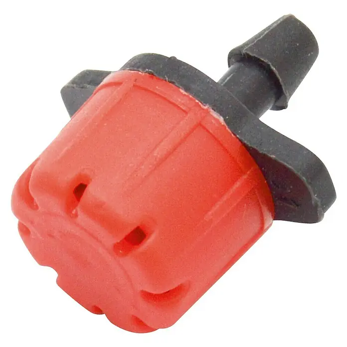 Gotero lineal regulable - 70 l/h, 50 ud. - Gotero rojo para sistemas de riego con conector negro, diseñado para un suministro preciso de agua.