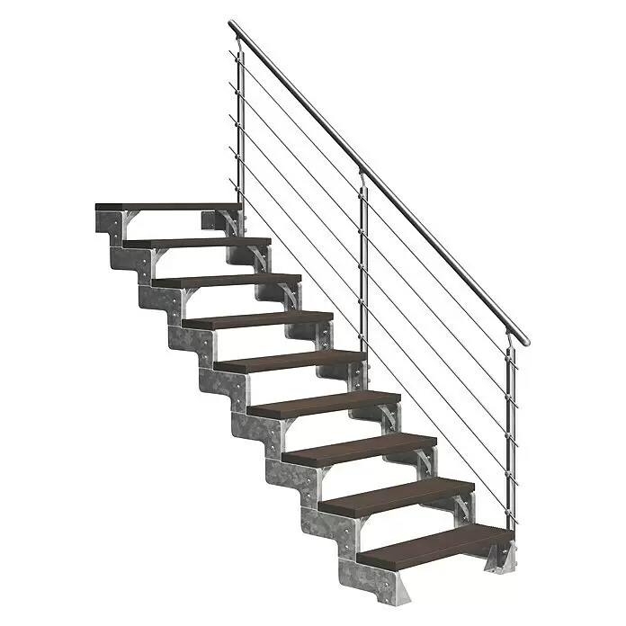 Dolle Außentreppe Gardentop - Trimaxstufen, Dunkelbraun, Feuerverzinkte Geländerstäbe, Breite: 80 cm, Anzahl Stufen: 9 Stk., Geschosshöhe: 162 cm - 198 cm - Modulare Treppe mit dunkelbraunen Holzstufen, verzinktem Metallrahmen und Edelstahl-Kabelgeländer.