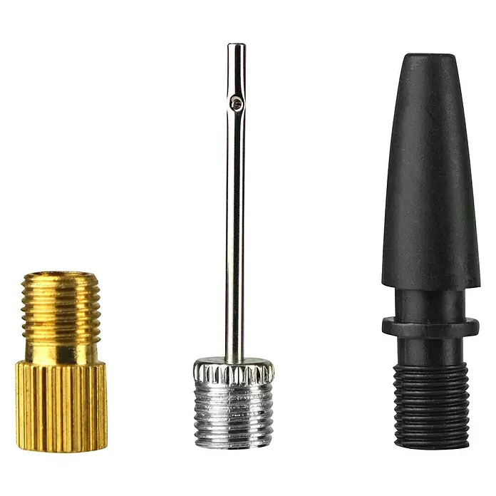 Eufab Kompressor - 12 V - Bild von Fahrradpumpenaufsätzen: Ein goldener, ein silberner Nadel- und ein schwarzer Gummi-Aufsatz.