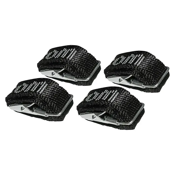 Eufab Spanngurt - 4 Stk. - Vier schwarze Spanngurte mit silberfarbenen Metallschnallen. Diese Gurte sind ideal zum Sichern von Gepäck oder Ausrüstung.
