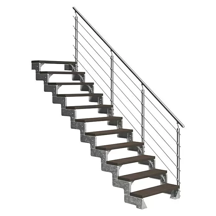 Dolle Außentreppe Gardentop - Trimaxstufen, Dunkelbraun, Mitlaufende Edelstahlstäbe, Breite: 100 cm, Anzahl Stufen: 11 Stk., Geschosshöhe: 198 cm - 242 cm - Moderne Industrieltreppe mit grauem Metallrahmen, dunkelbraunen Stufen und Edelstahl-Seilgeländer.