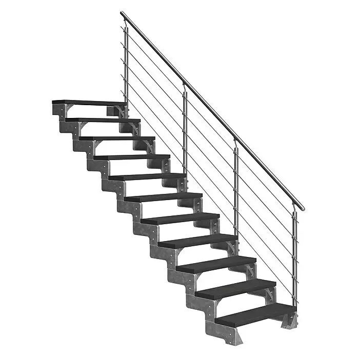 Dolle Außentreppe Gardentop - Trimaxstufen, Anthrazit, Mitlaufende Edelstahlstäbe, Breite: 80 cm, Anzahl Stufen: 11 Stk., Geschosshöhe: 198 cm - 242 cm - Treppe mit verzinktem Metallrahmen, schwarzen Stufen und Edelstahlseilgeländer.