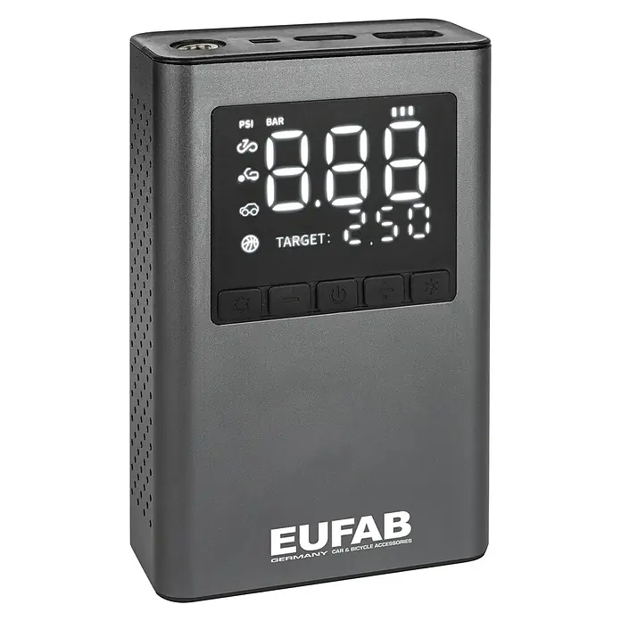 Eufab Kompressor - 12 V - EUFAB tragbarer, digitaler Kompressor. Kompaktes Gerät für Auto, Fahrrad & mehr mit präziser Druckeinstellung und einfacher Bedienung.