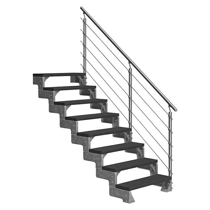 Dolle Außentreppe Gardentop - Trimaxstufen, Anthrazit, Mitlaufende Edelstahlstäbe, Breite: 100 cm, Anzahl Stufen: 8 Stk., Geschosshöhe: 144 cm - 176 cm - Moderne Industrietreppe mit schwarzen Stufen, verzinktem Metallrahmen und Edelstahlgeländer.