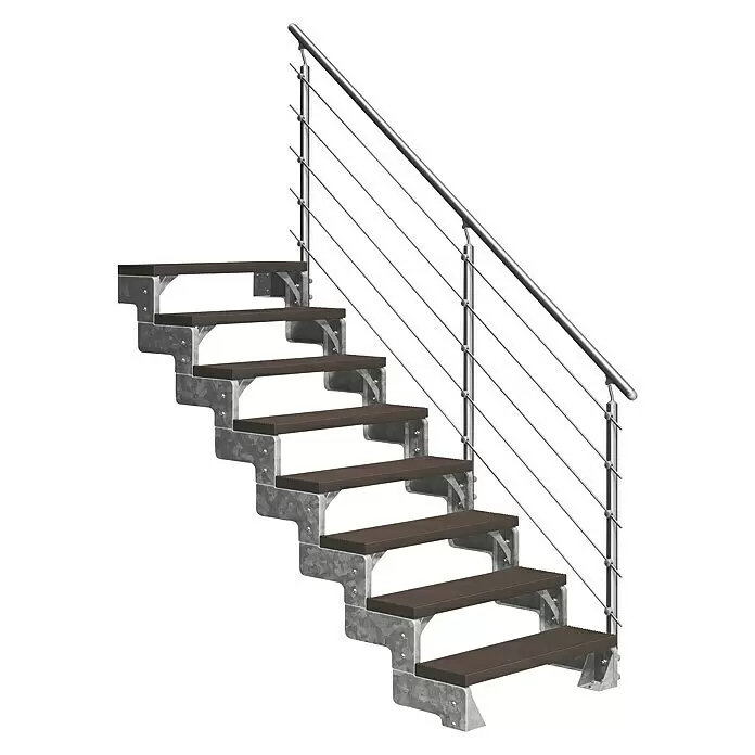 Dolle Außentreppe Gardentop - Trimaxstufen, Dunkelbraun, Mitlaufende Edelstahlstäbe, Breite: 100 cm, Anzahl Stufen: 8 Stk., Geschosshöhe: 144 cm - 176 cm - Modulare Treppe mit braunen Stufen, verzinktem Metallrahmen und Edelstahlseilgeländer.