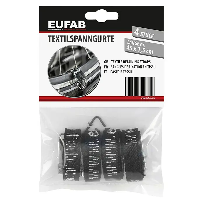 Eufab Spanngurt - 4 Stk. - Abbildung von EUFAB Textilspanngurten, 4 Stück, Länge ca. 45 x 1,5 cm, zur Sicherung von Gegenständen.