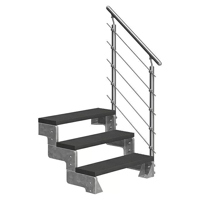 Dolle Außentreppe Gardentop - Trimaxstufen, Anthrazit, Mitlaufende Edelstahlstäbe, Breite: 100 cm, Anzahl Stufen: 3 Stk., Geschosshöhe: 54 cm - 66 cm - Modulare Metalltreppe mit schwarzen Anti-Rutsch-Stufen und Metallgeländer mit Horizontalstäben.