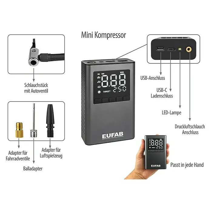 Eufab Kompressor - 12 V - Abbildung eines EUFAB Mini Kompressors mit verschiedenen Adaptern, Anschlüssen und einer Anzeige, die den Zieldruck von 2.50 anzeigt.