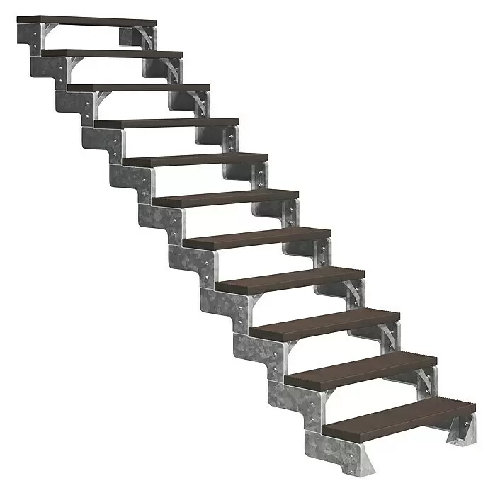 Dolle Außentreppe Gardentop - Trimaxstufen, Dunkelbraun, Ohne Geländer, Breite: 100 cm, Anzahl Stufen: 11 Stk., Geschosshöhe: 198 cm - 242 cm - Modulare Außentreppe mit dunkelbraunen Stufen und verzinktem Metallrahmen.
