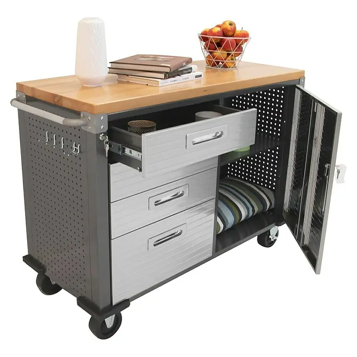 Werkstattwagen - L x B x H: 51 x 121 x 95 cm, Anzahl Schubladen: 4 Stk. - Bild eines Rollwagens mit Holzplatte, Schubladen und einer Seitentür, ideal für Werkstatt oder Küche.