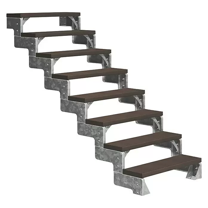 Dolle Außentreppe Gardentop - Trimaxstufen, Dunkelbraun, Ohne Geländer, Breite: 80 cm, Anzahl Stufen: 8 Stk., Geschosshöhe: 144 cm - 176 cm - Modulare Treppe mit dunkelbraunen Stufen und verzinkten Stahlwangen.