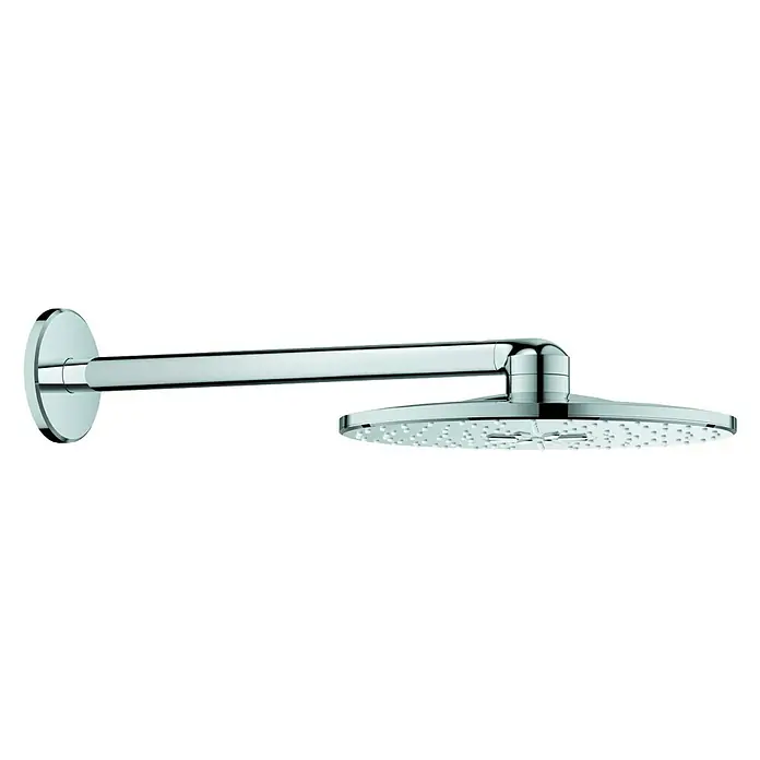 Grohe Rainshower SmartActive Kopfbrausen-Set 310 - Durchmesser: 31 cm, 25 l/min, Wandmontage, Chrom - Eine Chrom-Kopfbrause mit einem runden Design und einem schwenkbaren Arm für ein modernes Badezimmererlebnis.