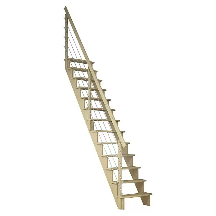 Dolle Raumspartreppe Lyon - Breite: 65 cm, Kiefer, Unbehandelt, Geschosshöhe: 286 cm, Gerade, Mitlaufende Edelstahlstäbe - Helle Holztreppe mit modernem Geländer aus Metallstäben.