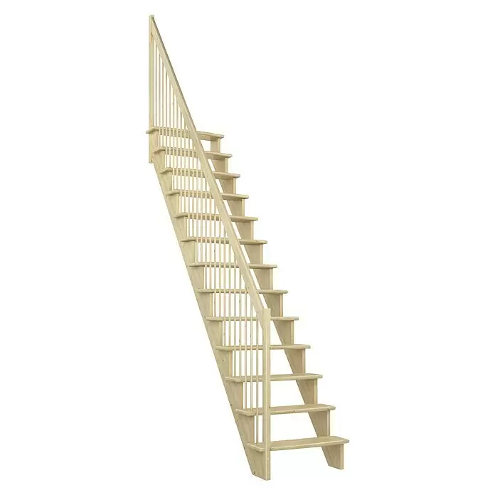 Dolle Raumspartreppe Lyon - Breite: 65 cm, Kiefer, Unbehandelt, Geschosshöhe: 286 cm, Gerade, Holzgeländerstäbe - Helle Holztreppe mit Geländerstäben und Handlauf.