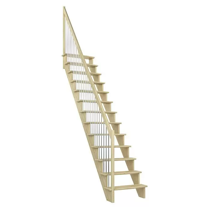 Dolle Raumspartreppe Lyon - Breite: 65 cm, Kiefer, Lackiert, Geschosshöhe: 286 cm, Gerade, Geländerstäbe aus Metall - Gerade Treppe aus hellem Holz mit silbernen Metallgeländerstäben, hellen Holzstufen und Handlauf.