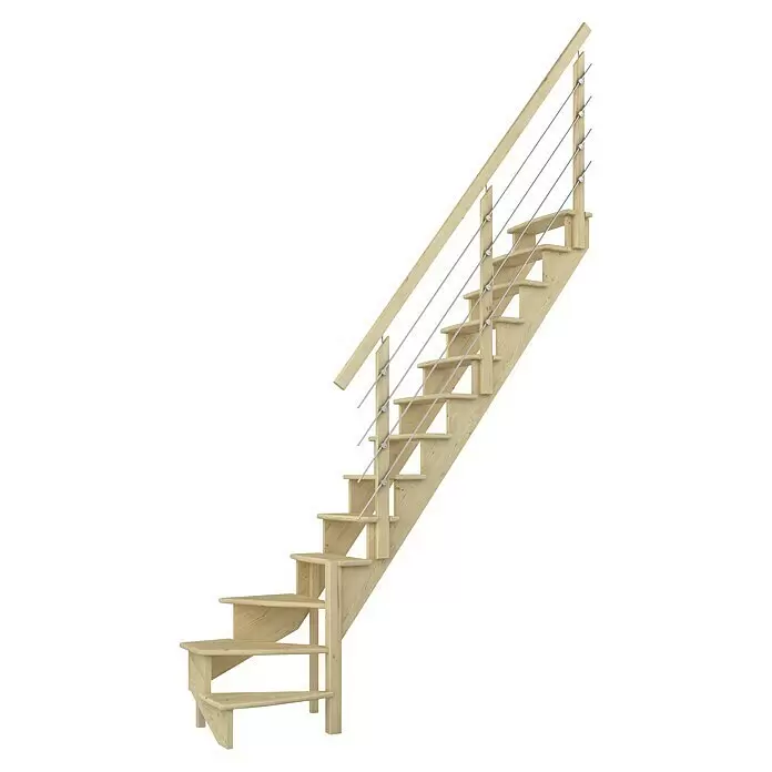 Dolle Raumspartreppe Lyon - Breite: 65 cm, Kiefer, Lackiert, Geschosshöhe: 286 cm, 1/4-gewendelt rechts, Mitlaufende Edelstahlstäbe - Moderne Holztreppe aus hellem Holz mit Metallseilgeländer.