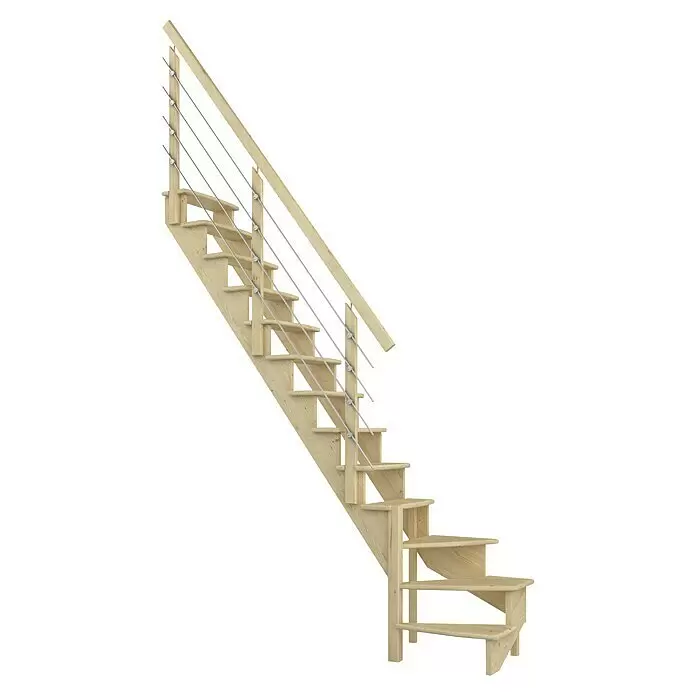 Dolle Raumspartreppe Lyon - Breite: 65 cm, Kiefer, Unbehandelt, Geschosshöhe: 286 cm, 1/4-gewendelt links, Mitlaufende Edelstahlstäbe - Kompakte Holztreppe mit Wechselstufen und Edelstahlseilgeländer.