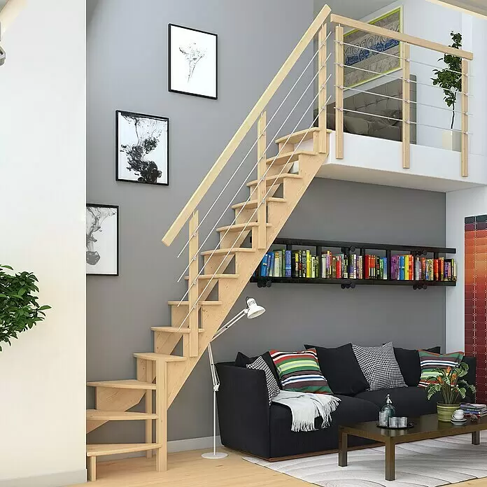 Dolle Raumspartreppe Lyon - Breite: 65 cm, Kiefer, Lackiert, Geschosshöhe: 286 cm, 1/4-gewendelt rechts, Mitlaufende Edelstahlstäbe - Kompakte Holztreppe mit Metallstabgeländer, ideal für kleine Räume und Loftverbindungen.