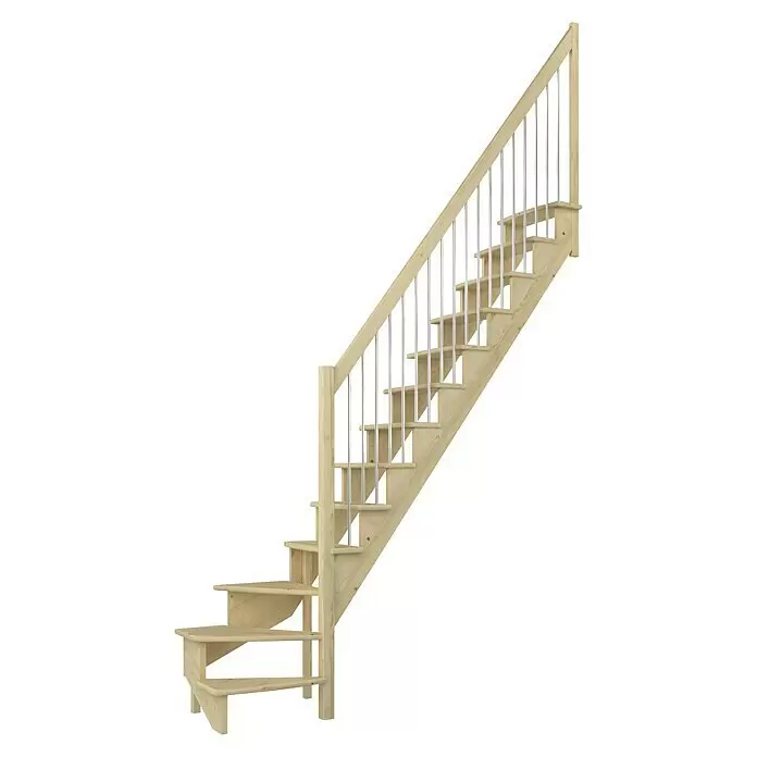Dolle Raumspartreppe Lyon - Breite: 65 cm, Kiefer, Unbehandelt, Geschosshöhe: 286 cm, 1/4-gewendelt rechts, Geländerstäbe aus Metall - Eine helle Holztreppe mit Metallstäben und einem Holzgeländer.