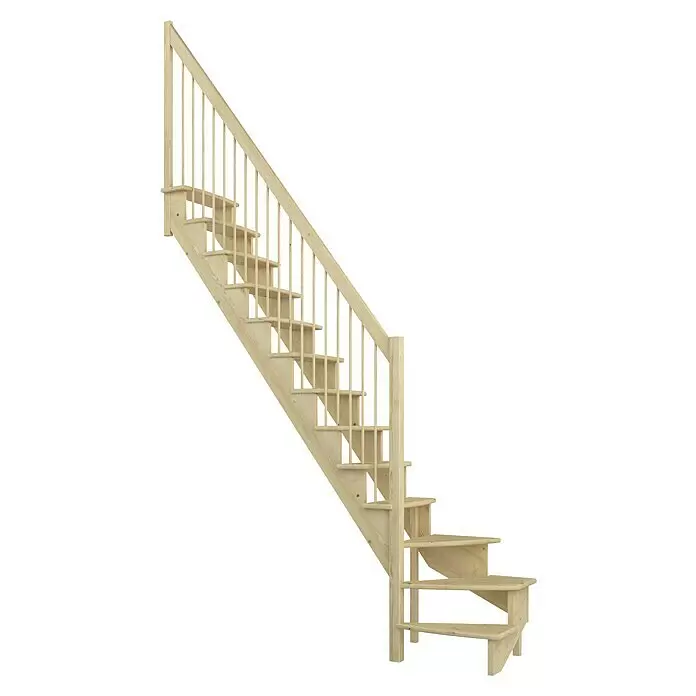 Dolle Raumspartreppe Lyon - Breite: 65 cm, Kiefer, Unbehandelt, Geschosshöhe: 286 cm, 1/4-gewendelt links, Holzgeländerstäbe - Helle Holztreppe aus Naturholz mit geradem Lauf, gewendelten Stufen, Geländer und Balustern.