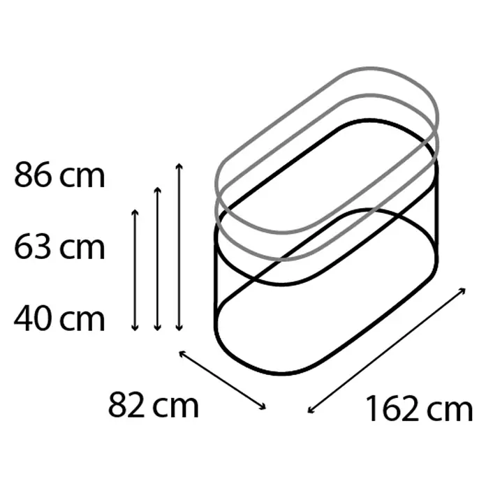 Vitavia Hochbeet Terra 630 - 162 x 82 x 63 cm, Zincalume®, Blank - Illustration eines ovalen Hochbeets mit Maßangaben. Das Beet ist schwarz umrandet und hat eine Höhe von 86 cm, Länge von 162 cm und Breite von 82 cm.
