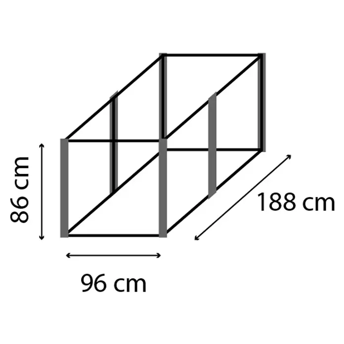 Vitavia Hochbeet Meta 858 - 187,7 x 96,2 x 85,8 cm, Zincalume®, Granit/Silber - Skizze eines modularen Regalsystems mit den Maßen 86 cm Höhe, 96 cm Breite und 188 cm Länge. Das Regal bietet flexiblen Stauraum.