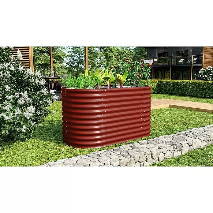 Vitavia Hochbeet Terra 858 - 162 x 82 x 85,8 cm, Zincalume®, Rubin/Ziegelrot - Großes rotes Hochbeet aus Wellblech, gefüllt mit verschiedenen Gemüsesorten in einem Garten.