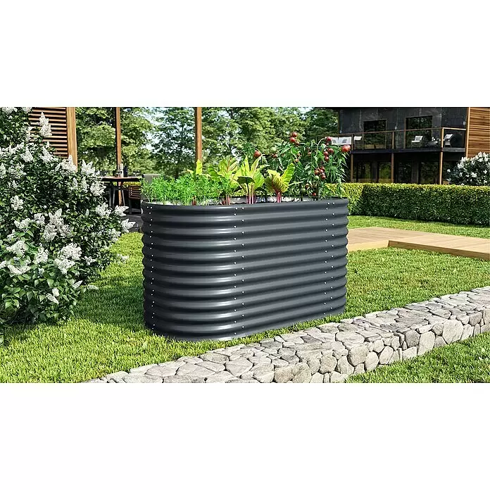 Vitavia Hochbeet Terra 858 - 162 x 82 x 85,8 cm, Zincalume®, Granit - Dunkelgraues Hochbeet aus Wellblech mit verschiedenen Pflanzen in einem Garten.