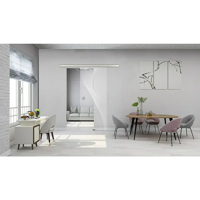 Diamond Doors Glasschiebetür 623 - 935 x 2.058 mm, Einscheibensicherheitsglas (ESG), Klarglas - Ein elegantes Interieur mit einer modernen Glasschiebetür, die den Raum öffnet und Licht hereinlässt. Der Fokus liegt auf der stilvollen Tür.
