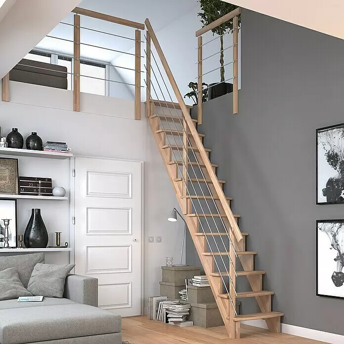 Dolle Raumspartreppe Lyon - Breite: 65 cm, Buche, Lackiert, Geschosshöhe: 286 cm, Gerade, Mitlaufende Edelstahlstäbe - Helle Holztreppe mit silbernen Metallgeländern, die zu einem hellen Loft führt.