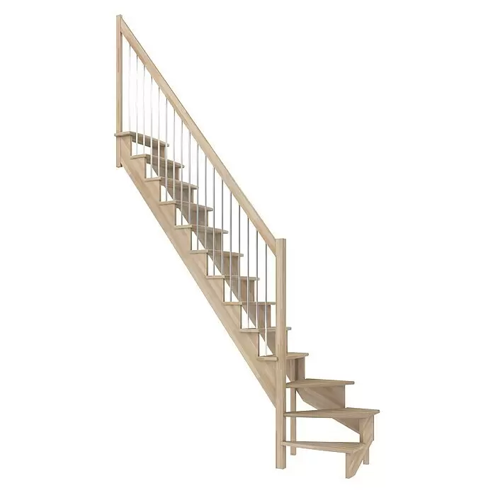 Dolle Raumspartreppe Lyon - Breite: 65 cm, Buche, Unbehandelt, Geschosshöhe: 286 cm, 1/4-gewendelt links, Geländerstäbe aus Metall - Helle Naturholztreppe mit Metallstäben.