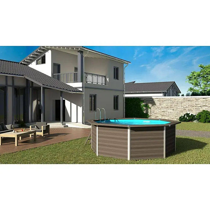 Gre WPC-Pool Avantgarde - Ø x H: 410 x 124 cm, Dunkelgrau, 11.000 l - Ein oberirdischer Pool mit Holzpaneelen und einer Leiter, ideal für den Garten. Sorgt für sommerliche Erfrischung und Badespaß im Freien.