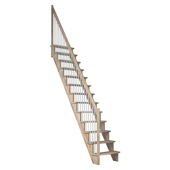 Dolle Raumspartreppe Lyon - Breite: 65 cm, Buche, Unbehandelt, Geschosshöhe: 286 cm, Gerade, Geländerstäbe aus Metall - Gerade Treppe aus hellem Holz mit silbernen Balustern und modernem Handlauf.