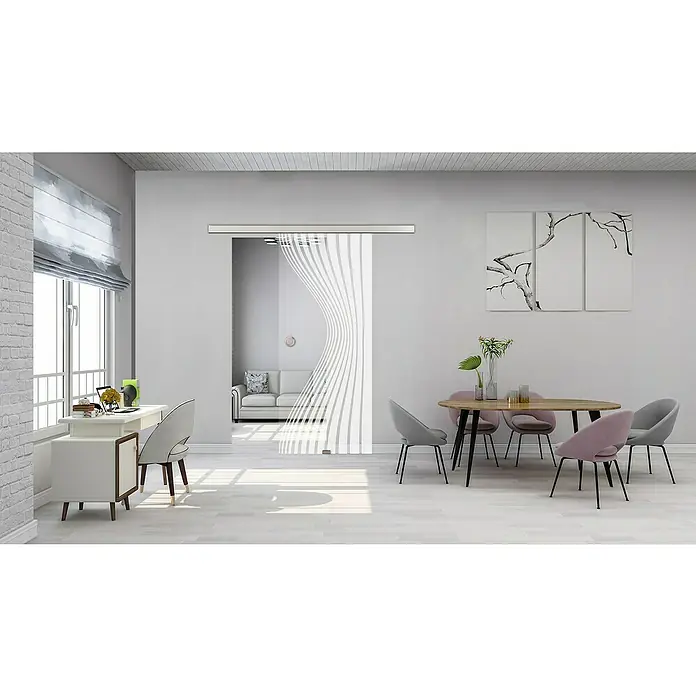Diamond Doors Glasschiebetür 543 - 935 x 2.058 mm, Einscheibensicherheitsglas (ESG), Klarglas - Helles Interieur mit einer modernen Schiebetür aus Glas, die mit einem eleganten, wellenförmigen Muster versehen ist, das dem Raum eine dynamische Note verleiht.