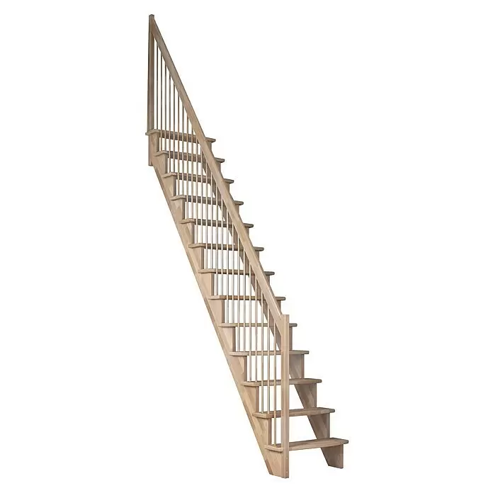 Dolle Raumspartreppe Lyon - Breite: 65 cm, Buche, Unbehandelt, Geschosshöhe: 286 cm, Gerade, Holzgeländerstäbe - Helle Holztreppe mit Geländerstäben und Handlauf.