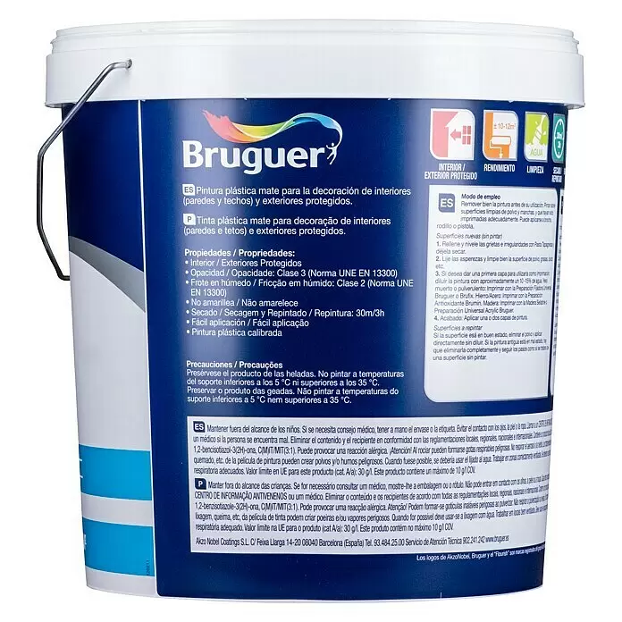 Bruguer Pintura para paredes Mistral - Blanco, Mate, 12 l - Pintura plástica mate Bruguer blanca en cubo para paredes interiores y exteriores protegidos.